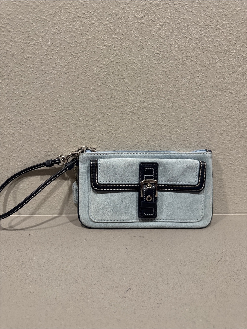 Light Blue Suede Wristlet Clutch with Navy Trim